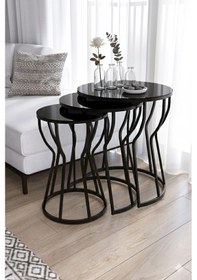 Resim Gelato Kum Saati 3'lü Zigon Sehpa Takımı Siyah Ayak - Siyah Cam Siyah 