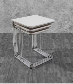 Resim 3 Lü Vegas Zigon Sehpa Beyaz - Nikel Ayak - Tekerlekli 