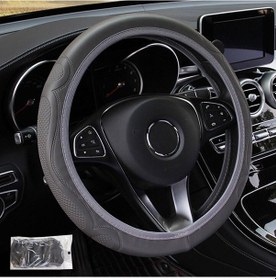 Resim Gri Evrensel Kaymaz Oto Araba Direksiyon Kapağı Üç Boyutlu Kabartmalı Deri Elastik Stil 38 Cm 