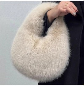 Resim Snapbuy Kadınlar İçin Lüks Tasarımcı Peluş Yarım Ay Çanta - Kış Modası Küçük Tote Çantabej Bej 