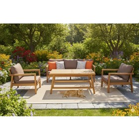 Resim Pendos Masif Ahşap İroko Ağacı Oturma Grubu Bahçe Balkon Koltuk Takımı 3+1+1+ Masa Ahşap 
