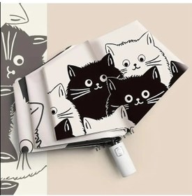 Resim Basit Karikatür Kedi Baskılı Siyah Beyaz Uv Koruma Şemsiye Otomatik 1 Adet Beyaz 