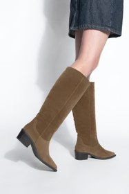 Resim Marjin Kadın Sivri Burun Kovboy Körüklü Fermuarsız Western Çizme Mivez Taba Süet 