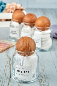 Resim FBZhome 4'lü Ahşap Top Kapaklı Diş Ipi & Pamuk & Makyaj Pamuğu & Kulak Pamuğu Organizeri 300 Ml Cam Pamukluk 