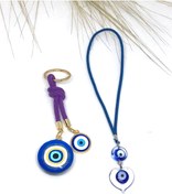 Resim Azrua Kalp Şekilli Cam Araba Süsü, Araba Nazarlık ve Koyu Pembe İpli Anahtarlık Seti 