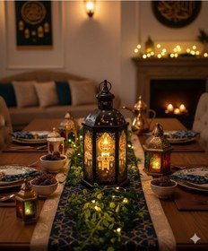 Resim 43 Cm Ramazan Ledli Siyah Model Çift Mumlu Lüks Fener - Pil Dahil Dekoratif Ramazan Feneri Diğer 