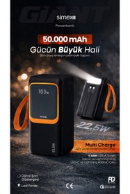 Resim Simex 50.000 Mah Prime Dijital Göstergeli Fener Hızlı Şarj Çoklu Kablo Powerbank,Taşınabilir Şarj Cihazı 