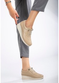 Resim Dilimler Ayakkabı Hakiki Deri Ortopedik Kadın Dolgu Topuklu Ayakkabı Bej Elastik Bağcıklı-3301 Bej 