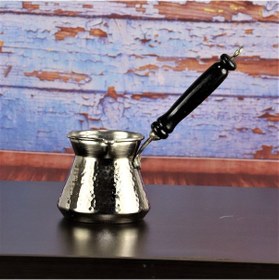 Resim Ahşap Sap Nikel Kaplama Kalın Dövme Topak Bakır Cezve 500 Ml 