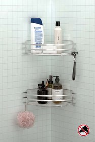 Resim Teknotel Banyo Düzenleyici Şampuanlık Yapışkanlı Kancalı 2 Adet Banyo Köşe Rafı Silver St207h 