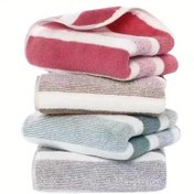 Resim 1 Adet Ultra-Yumuşak Kalınlaştırılmış Emici Banyo Havlusu - Peluş Mercan Polar, Yetişkinler ve Çocuklar için Modern Çizgili Tasarım, Ev Banyosu, Yüz & Vücut İçin Çok Renkli Seçenekler, Şık Banyo Dekoru 