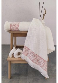 Resim 2'li Kabartma Bordürlü & Püsküllü Havlu Seti - %100 Pamuk El Havlusu - 50x85 Cm-mercan Mercan Mercan 