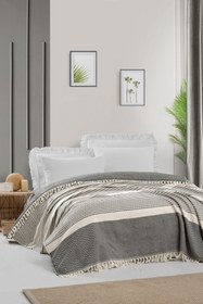 Resim Siyah Çizgi Desenli Pamuklu Çok Amaçlı Yazlık Örtü / Mevsimlik Yatak Örtüsü 