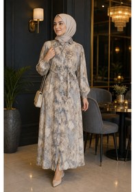 Resim %100 Pamuklu Mango Kumaş Boydan Düğmeli Kuşaklı Tesettür Elbise 135 Cm Desenli Bordo 
