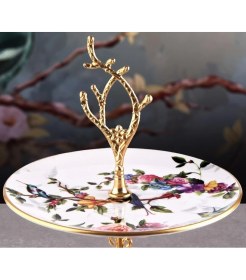 Resim Pinkev Flora Seramik Çift Katlı Kurabiyelik Pasta Sunum Tabağı Standı 