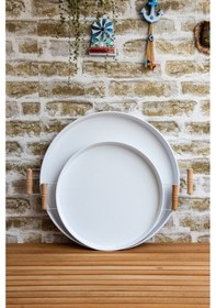 Resim 2'li Ahşap Kulplu 45 Cm Metal Tepsi Ve 37 Cm Beyaz Tepsi Çay Kahve Sunum Tepsisi Beyaz 