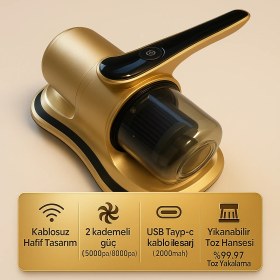 Resim Süpürge Kablosuz Yüksek Emiş Gücüyle Uv-C Sterilize Eden Akar ve Toz Temizleyici 