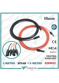 Resim Güneş Paneli Uzatma Kablosu 3m+3m 10mm Çift Taraflı Mc4 Soketli Solar Ara Kablo Siyah Kırmızı 