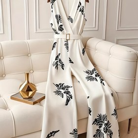 Resim Kadınlar için Şık Çiçek Desenli V Yaka Tulum - Kolsuz Yüksek Bel Fermuarlı Tulum, Yaz Şık, Hafif Polyester, Günlük veya Resmi Durumlar İçin Mükemmel 