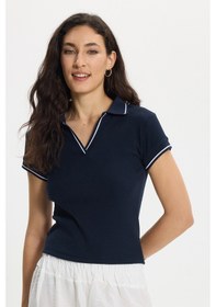 Resim Tudors Kadın Slim Fit Dar Kesim Pamuklu Polo Yaka Kısa Kollu Lacivert Tişört-50463 