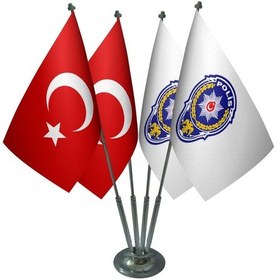 Resim Masa Üstü Polis Arması Bayrağı Türk Bayrağı Dörtlü Krom Direk Mas 
