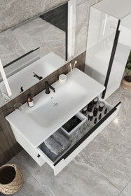 Resim BALNEOM Banyo Kadife Beyaz Parlak Hıgh Gloss %100 Mdf 100 Cm Banyo Dolabı Ledli Aynalı Üst Dolap Boy Dolabı 