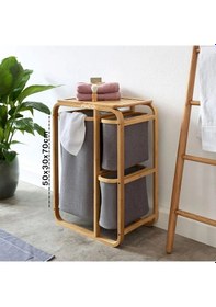 Resim Kirli Çamaşır Sepeti Ahşap - Bambu 3 Organizer Bölmeli Kumaş Çantalı 50x30x70cm 5468 Çok Renkli 