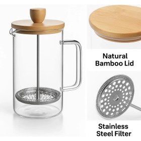 Resim Braventa Collection Cam French Press - Isıya Dayanıklı, Bambu Kapaklı, Paslanmaz Çelik Filtreli, Şık ve Dayanıklı Kahve 
