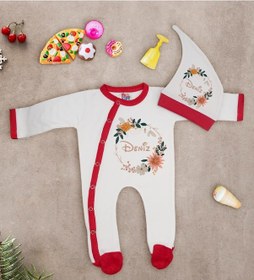 Resim Bk Kids Kişiye Özel Çiçek Tasarımlı Kırmızı Tulum Zıbın Ve Kukuletalı Şapka Seti-10 Çok Renkli 