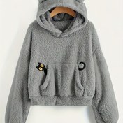 Resim Kedi Nakışlı Peluş Kapüşonlu Hoodie, Rahat Uzun Kollu Kazak Teddy Hoodie Sonbahar ve Kış İçin, Kadın Giyim 