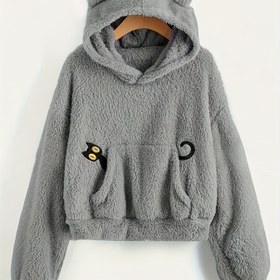 Resim Kedi Nakışlı Peluş Kapüşonlu Hoodie, Rahat Uzun Kollu Kazak Teddy Hoodie Sonbahar ve Kış İçin, Kadın Giyim 