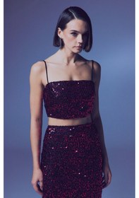 Resim Sateen İp Askılı Payet Crop - Bordo-135640 Bordo 