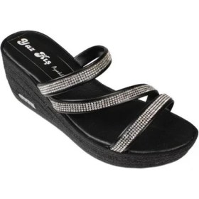 Resim Yazkış Kadın Siyah Üzeri Çapraz Taşlı 6cm Dolgu Topuk Sandalet 