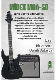 Resim Midex GRX-300-50-AMP Profesyonel Elektro Gitar Seti 50 Watt Gainli Şarjlı Bluetooth'lu Amfi ve Full Set 