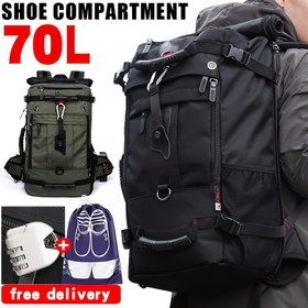Resim Dayanıklı Yapı, 70L Büyük Kapasiteli Yürüyüş Sırt Çantası, Ayakkabı Bölmesi ile, Seyahat Kamp Sırt Çantası, Açık Hava Sporları, Trekking ve Seyahat için, Ücretsiz Kargo Paketi Dahil, Seyahat Sırt Çantası 