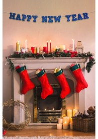 Resim Lacivert Happy New Year Yazılı Banner, Özel Gün, Davet Organizasyonu ,yeni Yıl, Yılbaşı Sofrası, Simli Eva Banner 