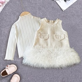 Resim 2 parça Sonbahar ve Kış Kız Seti: Sevimli Şık Prenses Elbise, Kolsuz Pilili File Etek ve Düz Renk Kabartmalı Yüksek Yaka Uzun Kollu Üst ile Dış Mekan İçin Mükemmel 