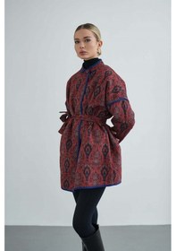 Resim Kadın Yandan Bağlamalı Tasarım Kimono Ceket Kırmızı 
