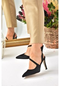 Resim Fox Shoes Siyah Saten Kumaş Sivri Burun Kadın Topuklu Ayakkabı K4 