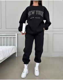 Resim New York New York Eşofman Takımı Sweatshirt Jogger - Siyah Baskılı Oversize Şardonlu Bisiklet Yaka Siyah 