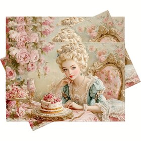 Resim 4 adet Marie Antoinette Temalı Tabak Matları, 30.48x45.72 cm - Zarif Rococo Tasarımı, Çiçeklerle, Pastalarla ve Altın Çerçevelerle - Tatil Yemekleri Dekoru İçin Mükemmel, Tatil Masa Düzeni | Rococo Tasarım | Polyester Malzeme, Masa için Tabak Matları 
