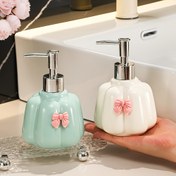 Resim 1 Adet Yüksek Kaliteli Seramik Losyon Şişesi, Bas-Çıkartma Tasarımı, Zarif Turkuaz & Beyaz Pembe Kurdeleli, 400ml/13.5oz Otel Banyosu İçin, Ticari Kullanım, Şampuan, El ve Duş Jeli, Dekoratif Kurdele Aksanlı, Parlak Yüzey, Noel/Cadılar Bayramı Hediye Süsü 