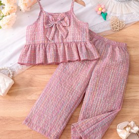 Resim 2 adet Küçük Çocuk Yazlık Rahat Moda Çizgili Ekose Yaylı Etek Üst ve Düz Renk Pantolon Tatlı Her Gün Stil Se, Dış Mekanlar İçin 