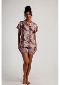 Resim Nisanca Lüks Kutulu Saten Gömlek Şortlu Pijama Takımı Dantel Kollu, Kore İpeği Dokulu Kahve 