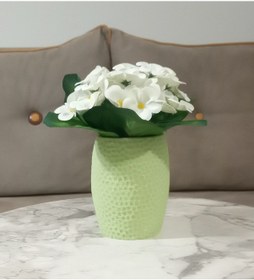 Resim Vazoda Çiçek Dekoratif Beyaz Yapay Çiçek Vazo Dahil Yeşil Petek Desenli Poliresin 8 x 8 x 15 CM 