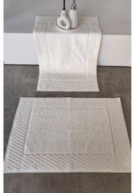 Resim 2'li Diyagonal Çizgili Ayak Havlusu Seti - %100 Pamuk Havlu Takımı - 50x70 Cm Krem Krem 