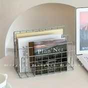 Resim 1 Adet Modern Gümüş Rengi Kitaplık Depolama - 1 Şık Gümüş Metal Raf ve Depolama Sepeti ile - Çağdaş Dergi ve Gazete Organizatörü, Ev Ofisi Dekoru için Uygun Nordik Tarzı Demir Metal Üç Katlı Kitaplık, Masa ve Çekmeceli Depolama Kutusu 