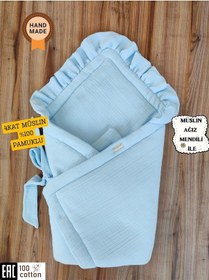 Resim Ekru 4 Kat Müslin Bebek Battaniyesi %100 Pamuklu Doğal Organik Uyku Kundağı Hastane Çıkışı Yenidoğan Mavi 