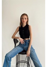 Resim Fashion Cocktail Önden Ip Korse Dekolte Kolsuz Fitilli Süper Esnek Gümüş Boncuklu Bluz Crop Büstiyer Siyah Siyah 