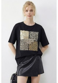 Resim Shade Kadın Taş Detaylı Leopar Baskılı Bisiklet Yaka Rahat Kalıp T-shirt 2200 60283970 - Siyah 